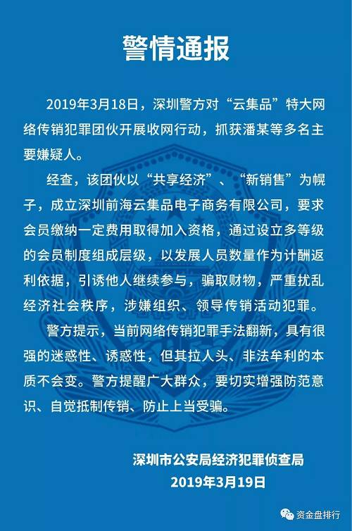 經查，該團伙以“共享經濟”“新銷售”為幌子，成立深圳前海云集品電子商務有限公司，要求會員繳納一定費用取得加入資格，通過設立多等級的會員制度組成層級，以發展人員數量作為計酬返利依據，引誘他人繼續參與，騙取財物，嚴重擾亂經濟社會秩序，涉嫌組織、領導傳銷活動犯罪。